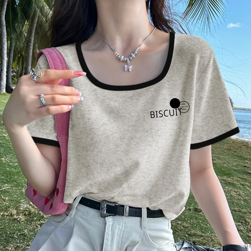 潮流撞色方领螺纹纯棉短袖t恤女夏季2025新款内搭外穿打底衫上衣