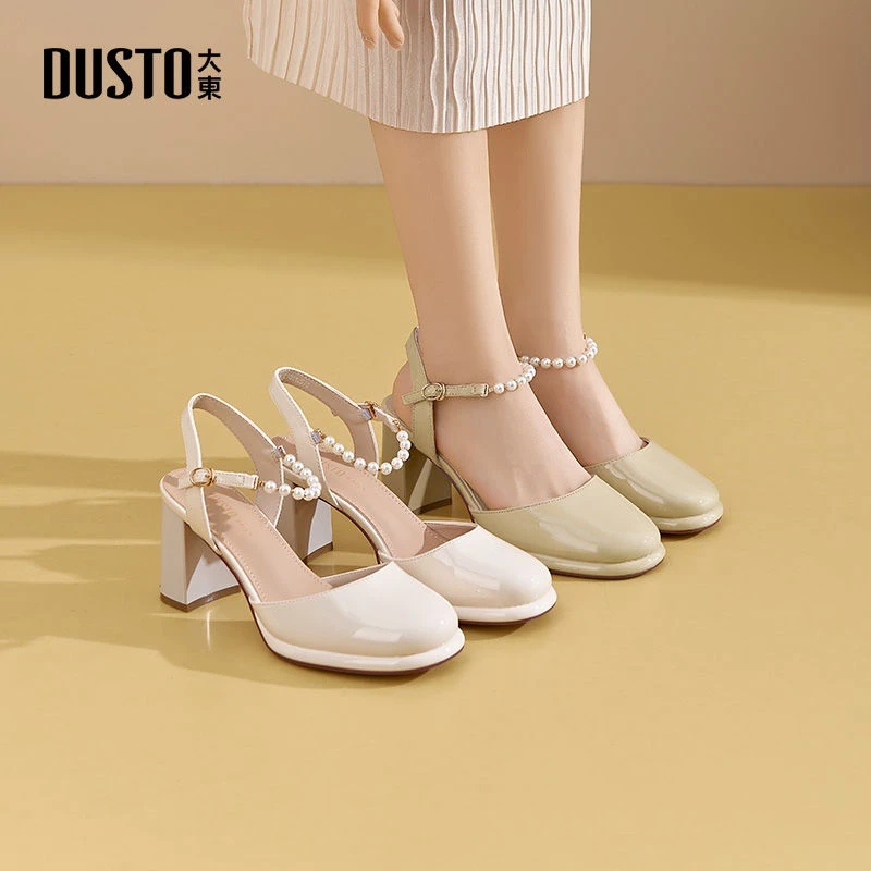 大东女鞋2025夏季法式时尚百搭珍珠一字扣高跟凉鞋优雅气质鞋0140