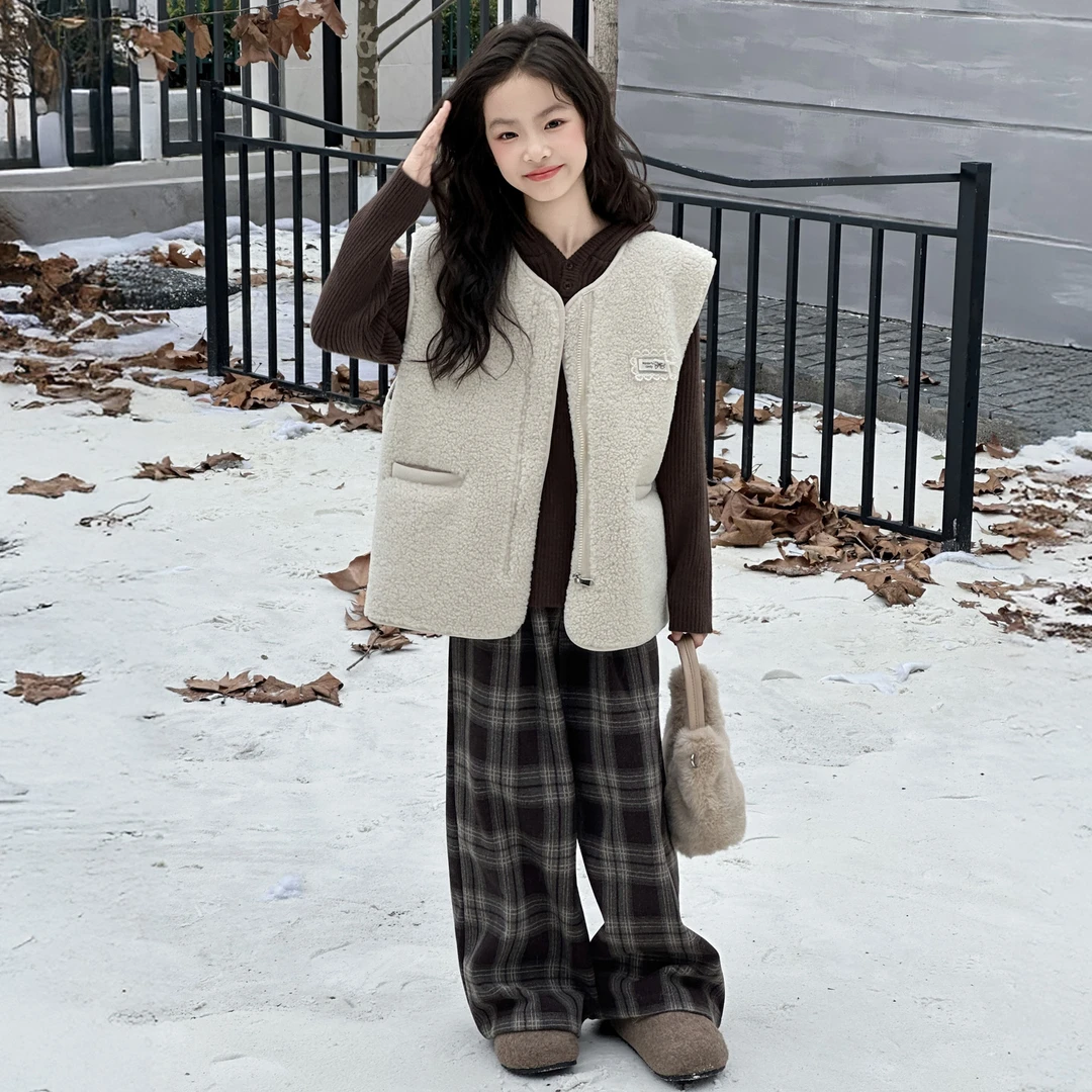 女童秋冬韩系氛围毛毛马甲叠穿套装2025新款中大童加绒加厚三件套