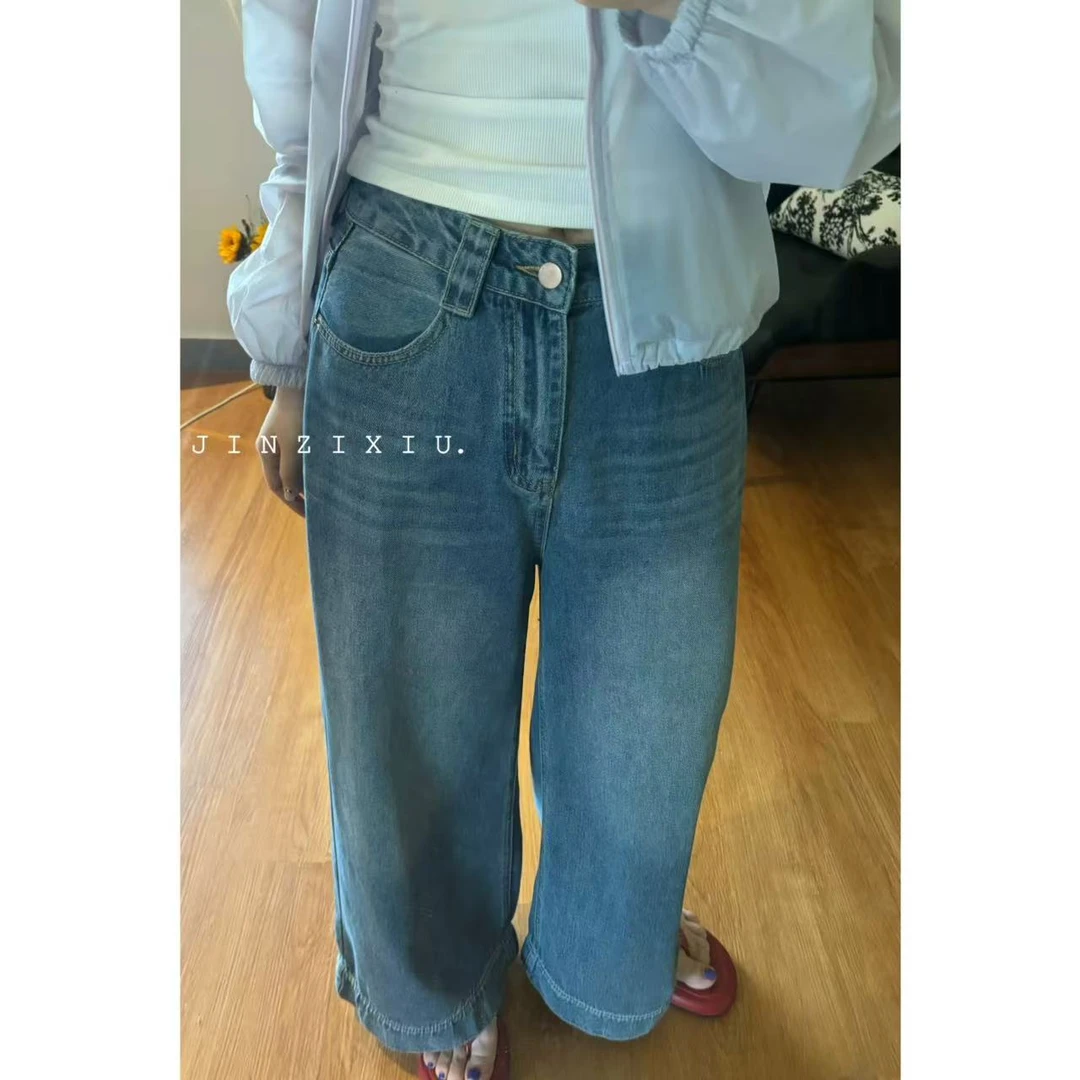 JINZIXIU【巴黎】 深色高腰九分阔腿水洗做旧超软超薄牛仔裤