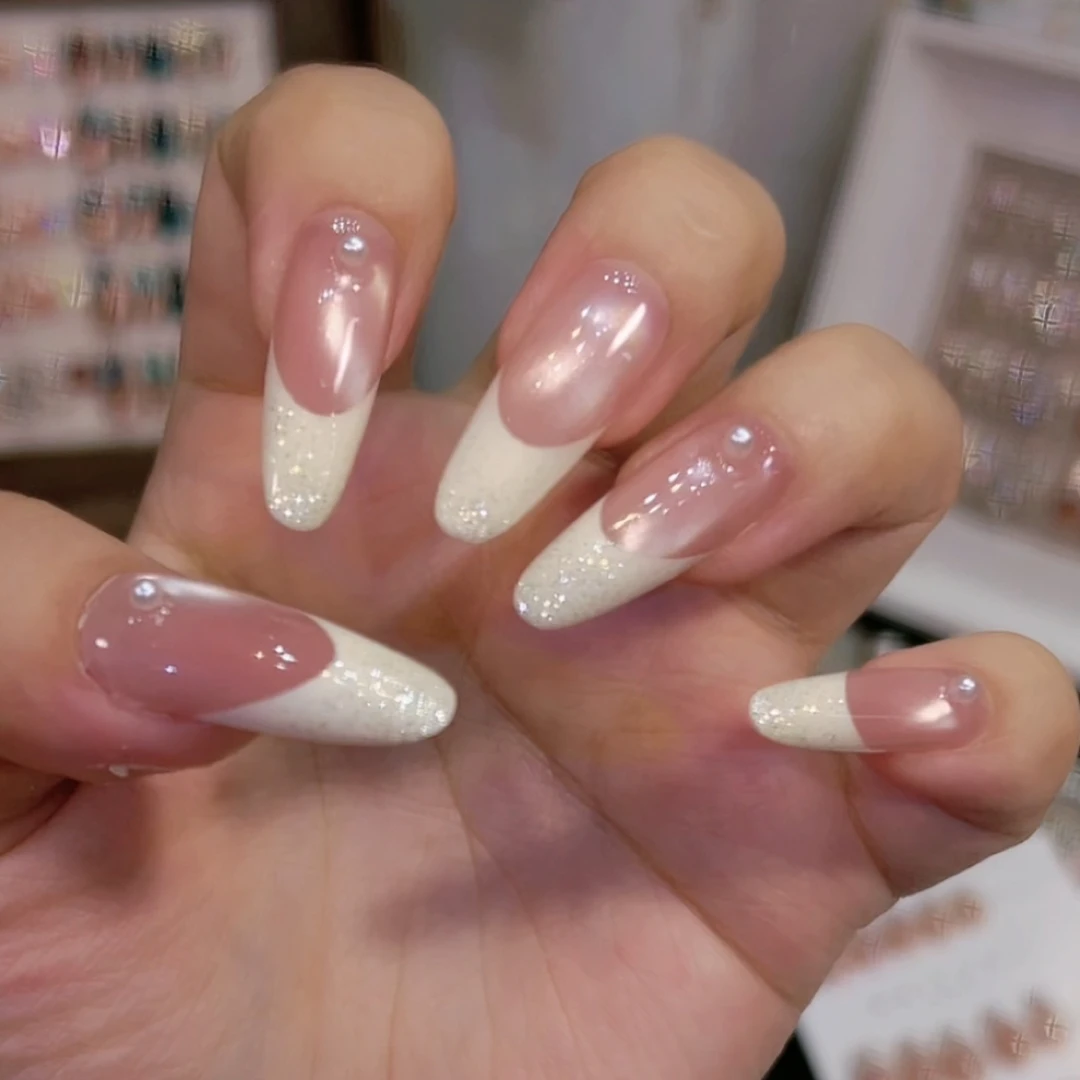 【珍珠蛋糕】2025裸色法式猫眼纯手工穿戴甲猫眼穿戴甲原创款美甲