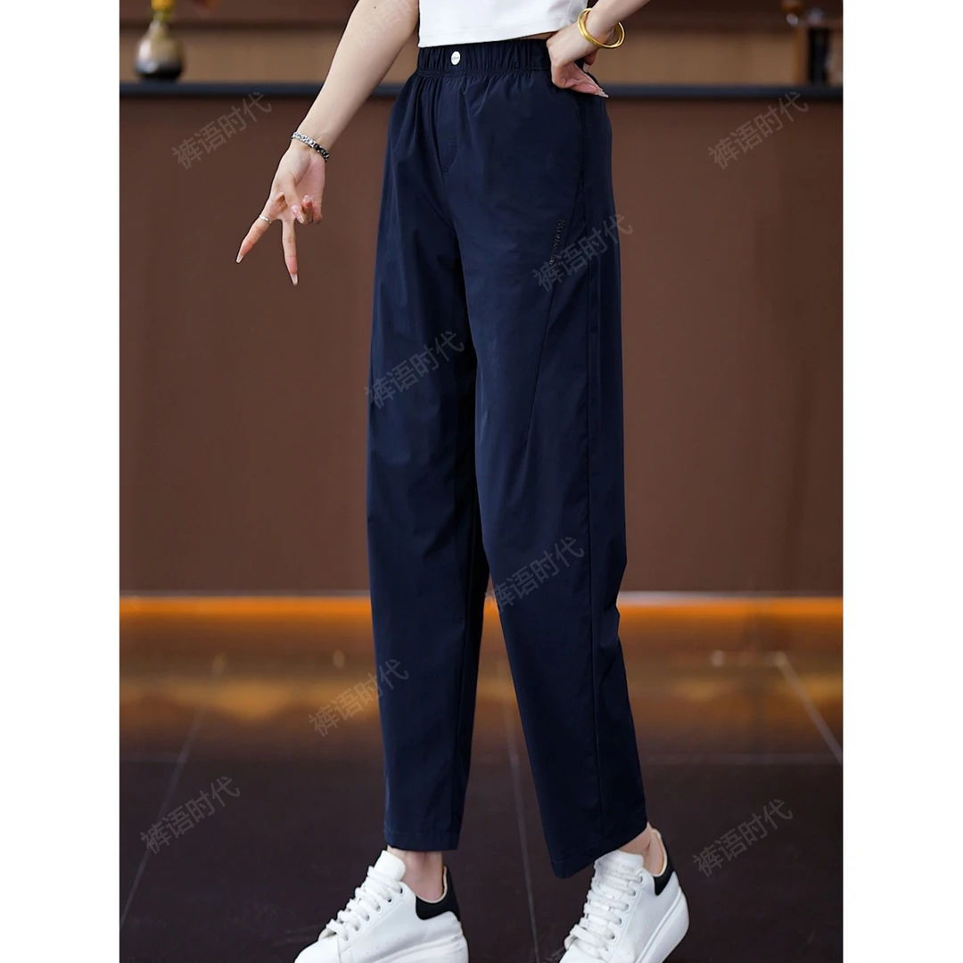 黄色冰丝速干工装裤女2025新款美式高腰显瘦垂感抽绳降落伞休闲裤