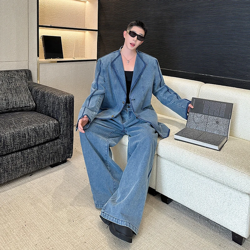 美式复古炸街小众做旧牛仔西服套装男设计高级感阔腿长裤两件套潮