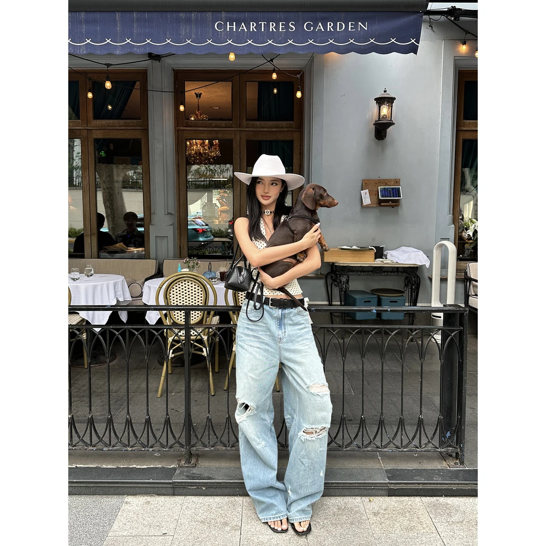 rovente 蓝调布鲁斯宽松裤子女夏显瘦直筒阔腿裤不规则破洞牛仔裤