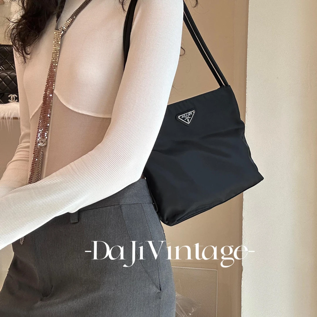 99新 Prada/普拉达 大吉中古/Prada黑银23尼龙双肩带单肩托特包