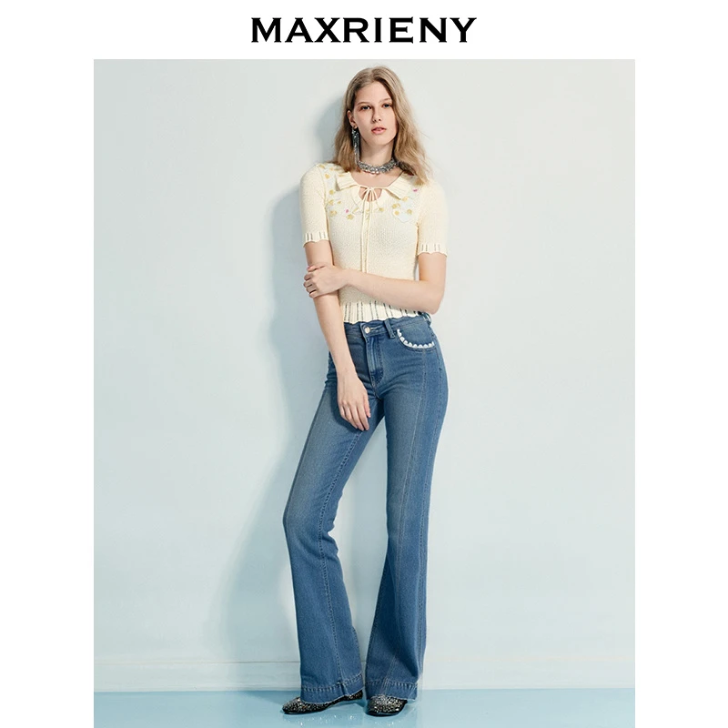 MAXRIENY2025秋季精致优雅感蕾丝花边微喇莱赛尔高腰牛仔裤