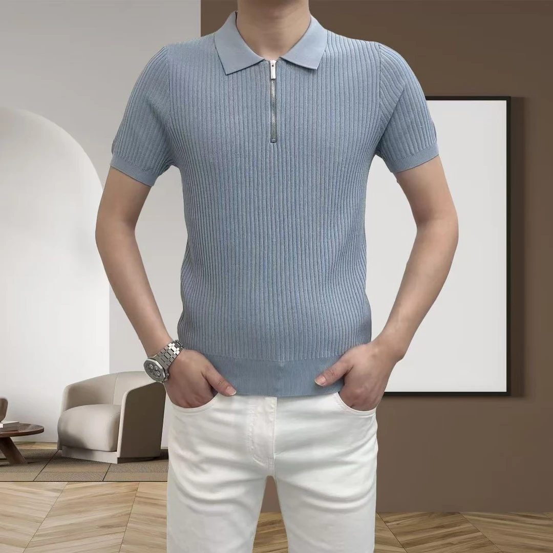 男士春夏轻奢拉链翻领坑条纹休闲商务简约百搭薄款高品质纯色短袖