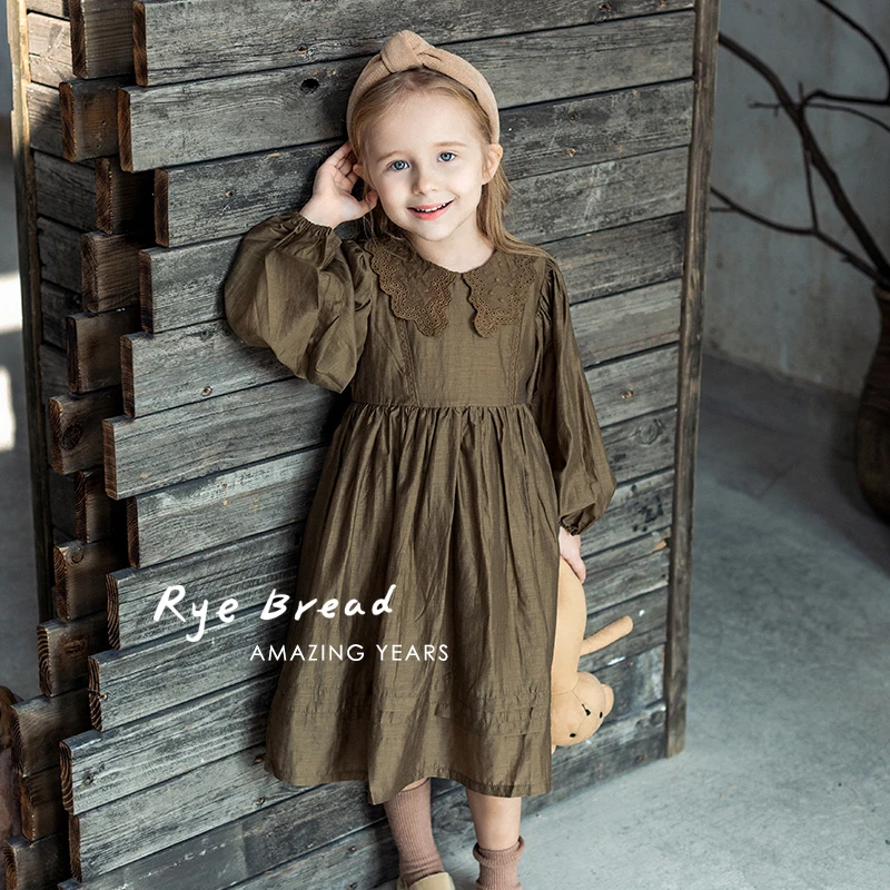 ryebread/黑面包童装 复古蕾丝花瓣领女小童灯笼袖连衣裙24D春秋