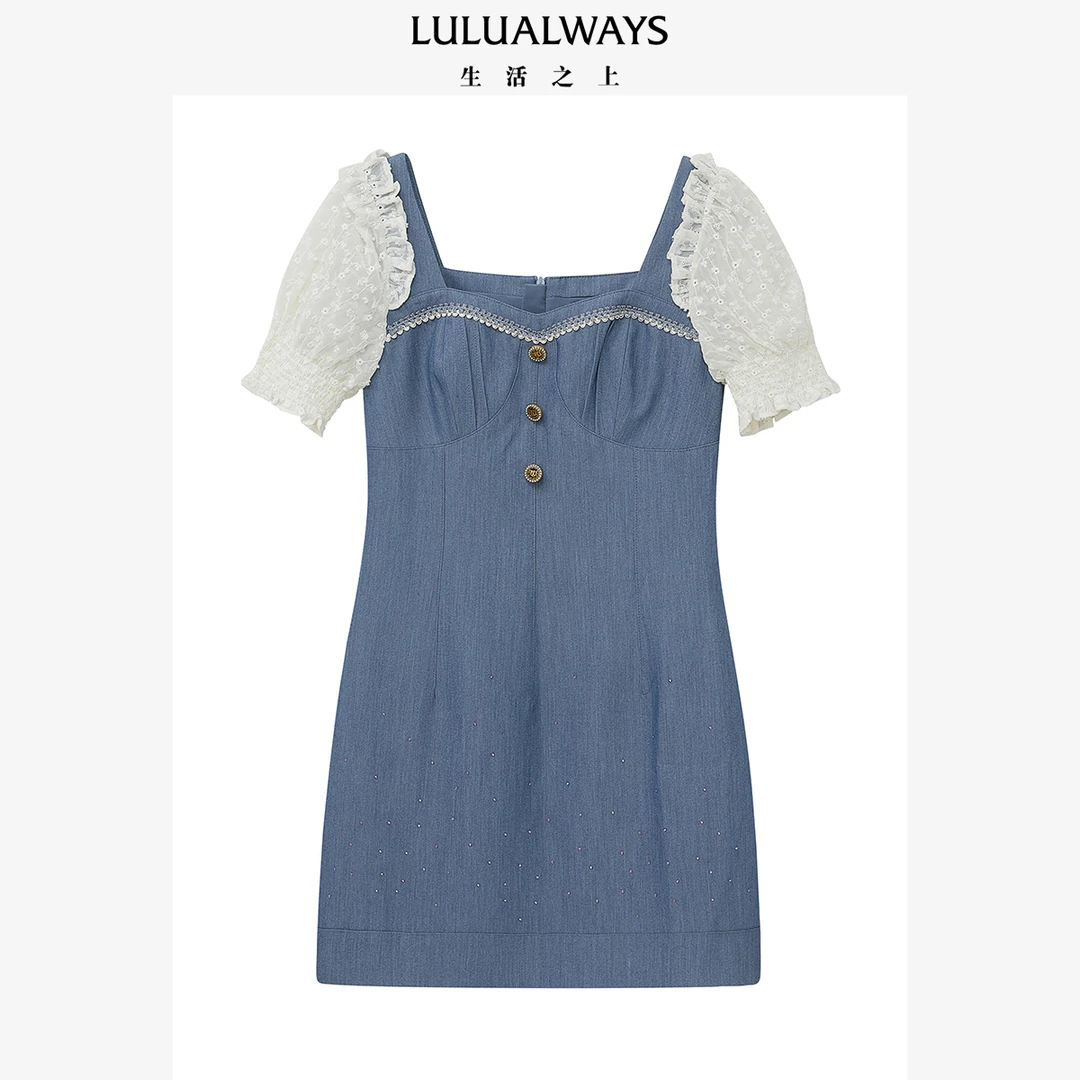 【媛媛女王专享】LULUALWAYS夏季可爱镂空刺绣短袖蓝色连衣裙