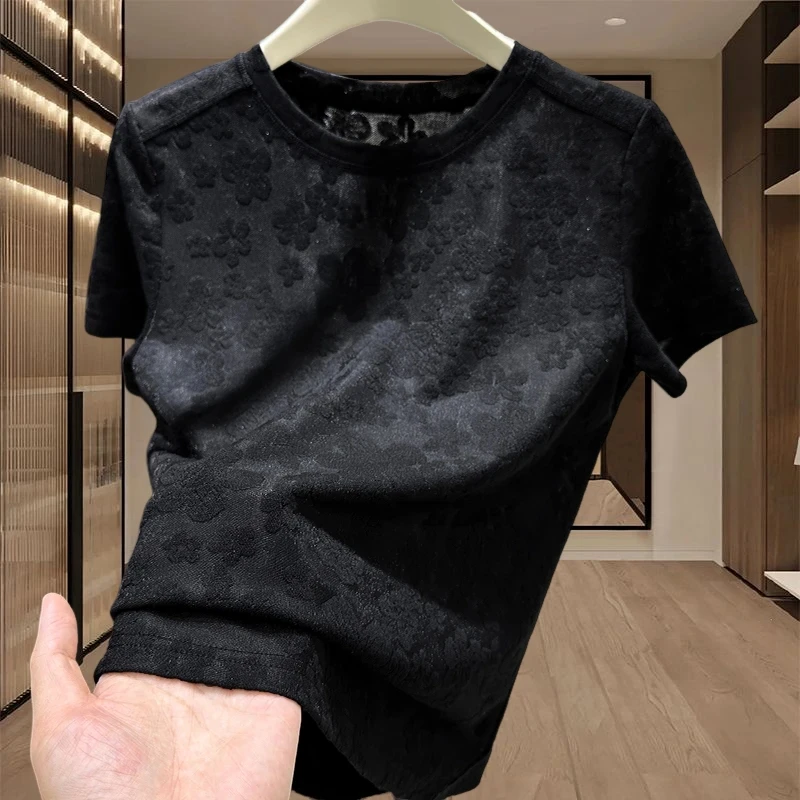 夏日漂亮小上衣女2025新款时尚气质圆领蕾丝提花短袖t恤百搭小衫