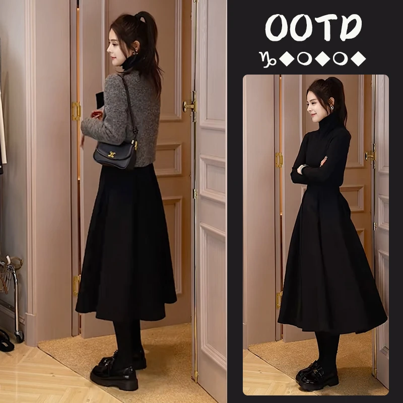 秋冬温柔系穿搭女2025新款洋气蝴蝶设计上衣高腰宽松长裙两件套