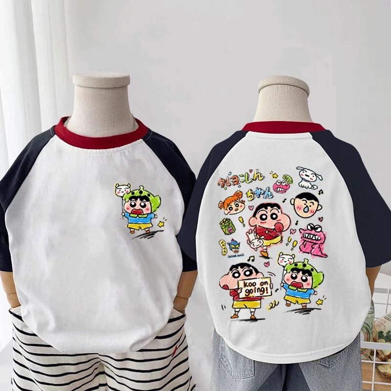 夏季男女童蜡笔小新卡通拼接短袖T恤宝宝可爱儿童插肩100纯棉上衣