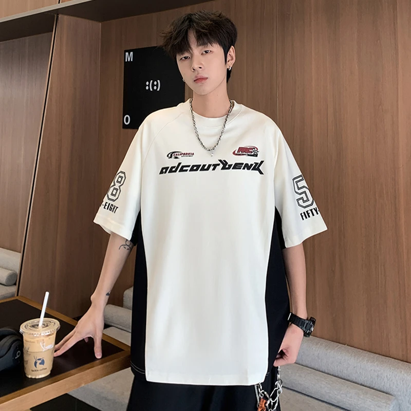 2025夏季新款青少年撞色短袖圆领宽松潮牌重磅时尚百搭款男生上衣