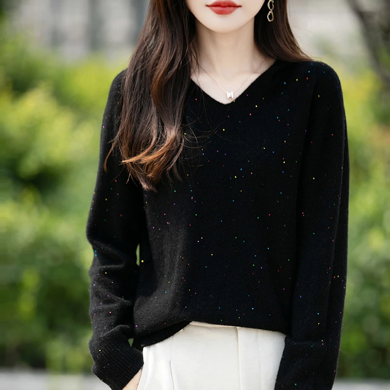 【百分百羊毛】一线成衣V领珠片连帽针织衫轻奢减龄羊毛衫显瘦毛衣