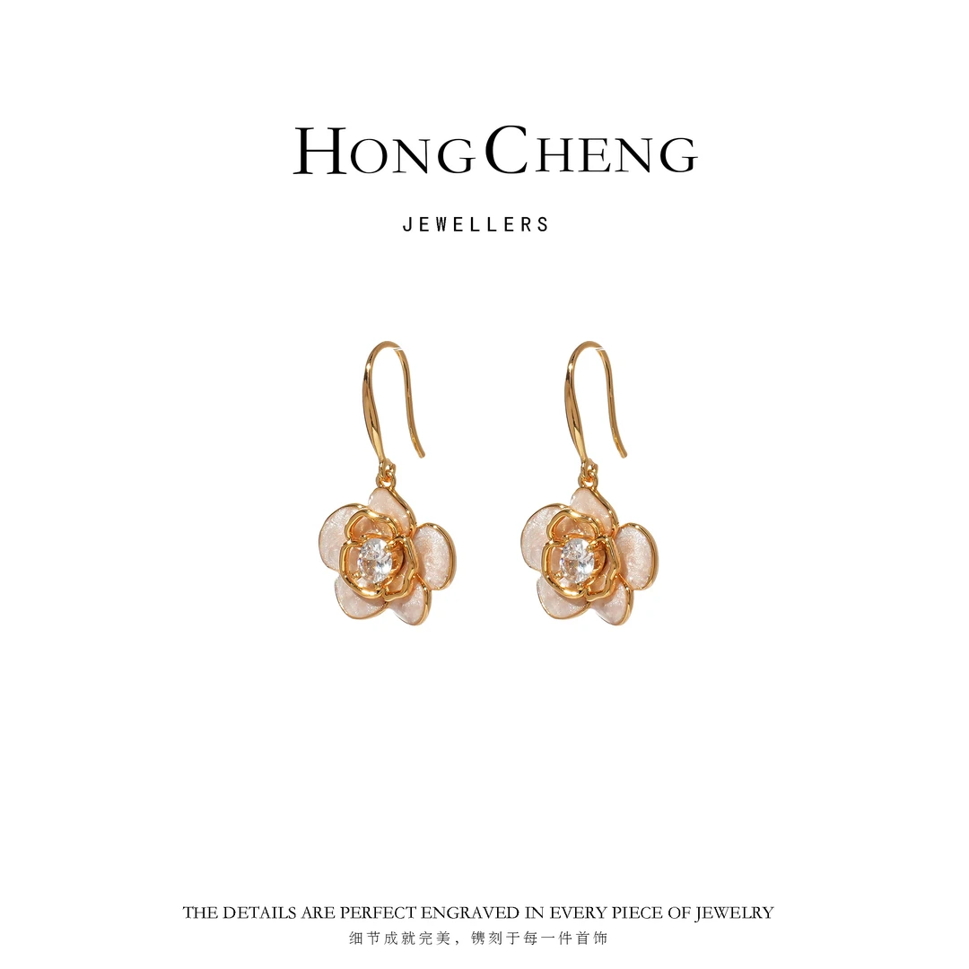 铜合金合成锆石耳饰 珐琅流沙小香风花朵耳勾耳环NL9870-26