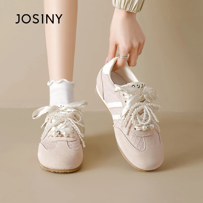 卓诗尼软底芭蕾德训鞋女2025春秋季新款休闲珍珠丝带拼色圆头板鞋