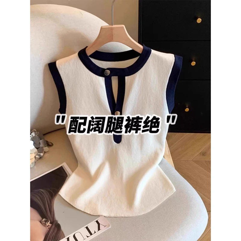 芯娇晴法式高端镂空冰丝针织短袖T恤女2025新款爆款夏季无袖上衣