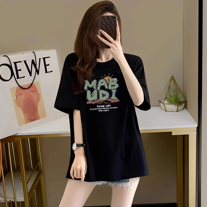 欧货黑色纯棉短袖t恤女夏季新款中长款宽松圆领印花显瘦上衣
