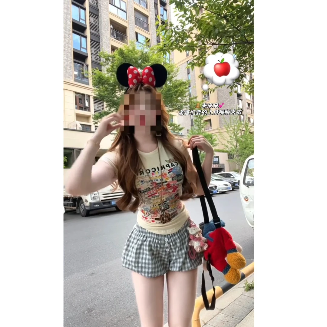 纯欲辣妹印花短袖T恤女修身短款上衣花苞裤两件套装2025夏季新款