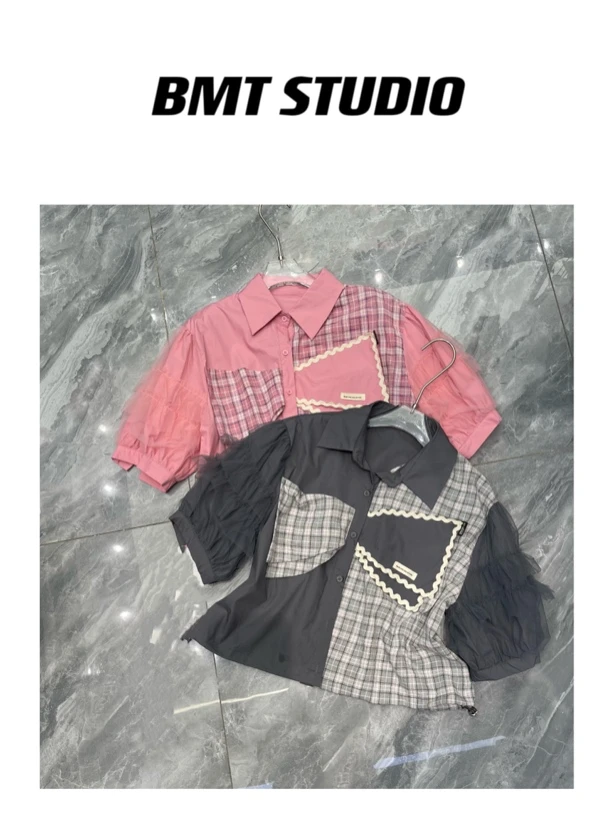 【反转巴黎】原创设计拼格蝴蝶结纱袖拼接短袖衬衫