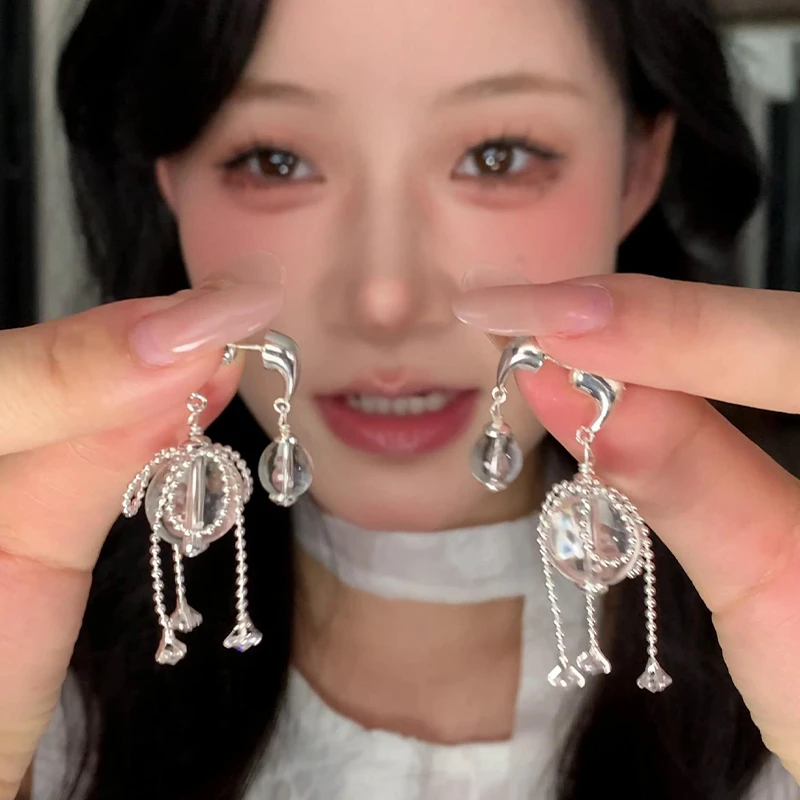 铜合金仿珍珠耳饰 银色前后拆分透明珠耳钉 流苏仿钻甜美耳饰