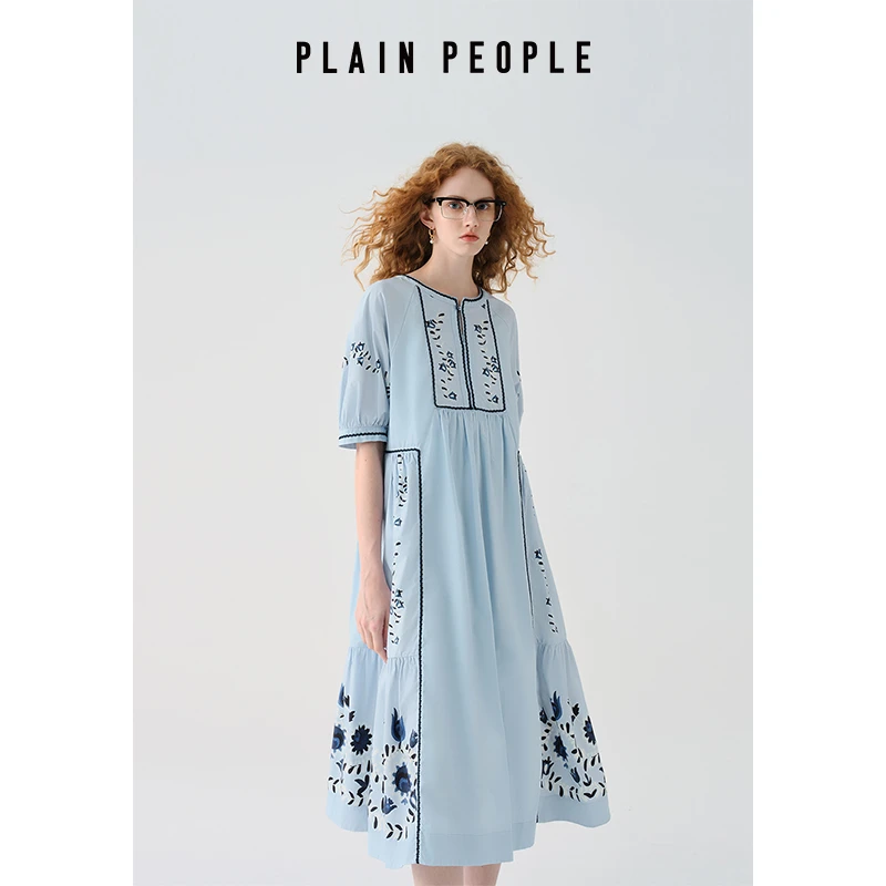 PLAIN PEOPLE波西米亚度假风花卉印花圆领连衣裙女长裙2025夏新款