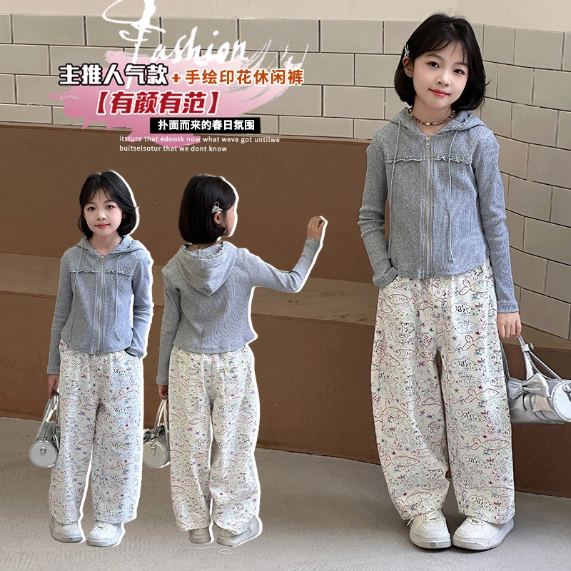 女童春装新款花边连帽衫卡通休闲裤中大童女孩韩版潮流运动套装潮