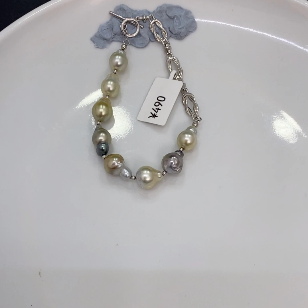 银S925镶嵌手绳海水珍珠歡**?铂金灰手链不退不换忙