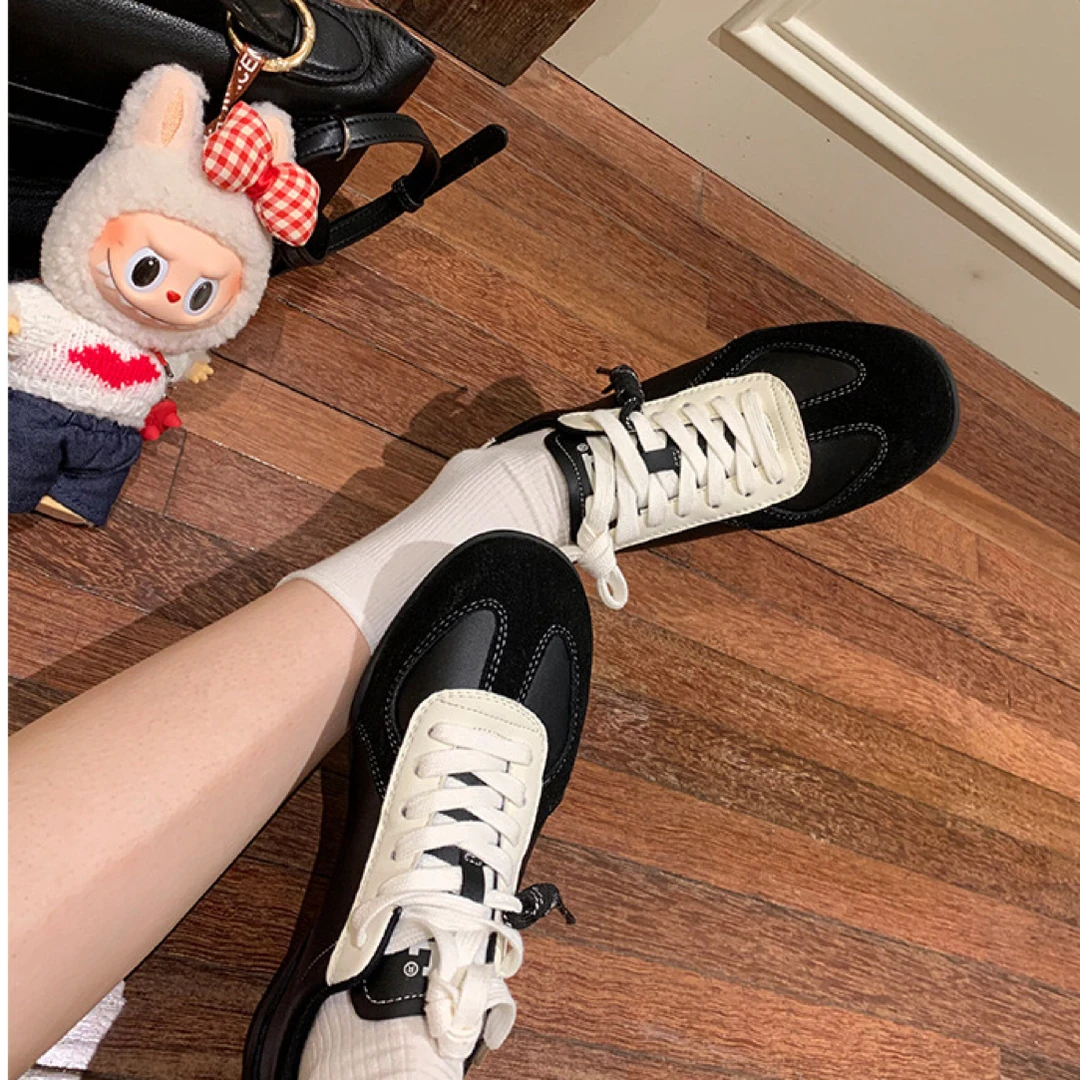 孙言言~内增高 3.5cm 真皮德训女鞋系带拼色百搭休闲女复古拼色