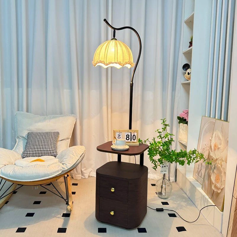 中古风卧室床头柜一体台灯客厅沙发旁边落地灯置物架氛围感钓鱼灯