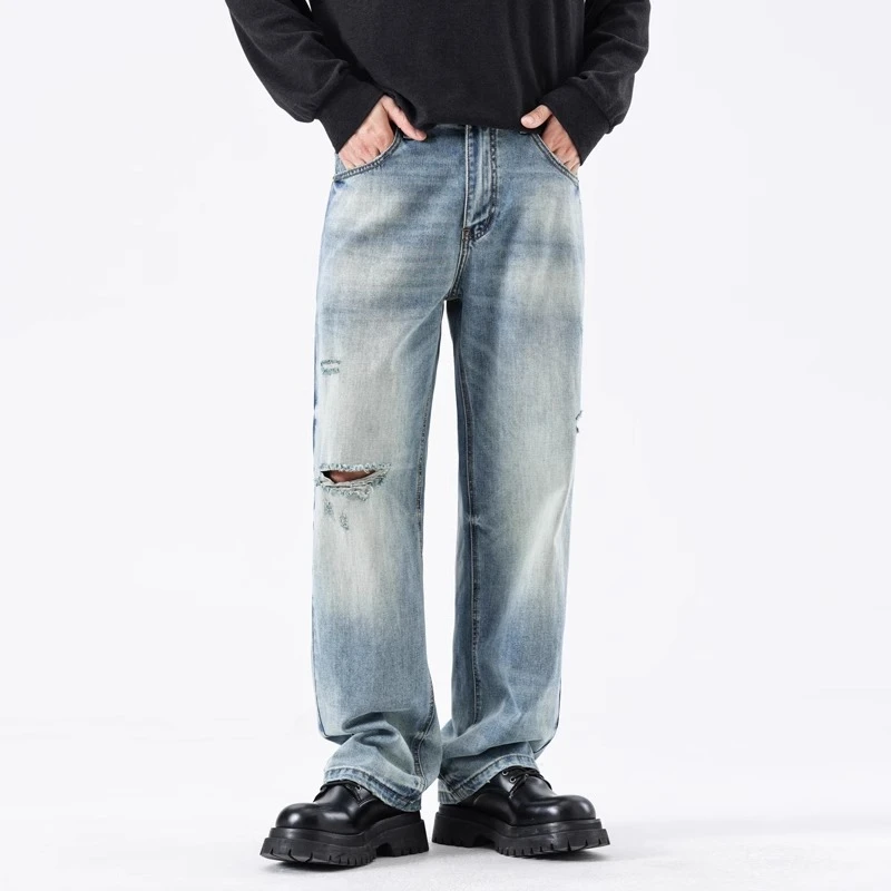 Cebrodz复古水洗炒洗漂染牛仔裤男春季美式宽松直筒破洞男裤子