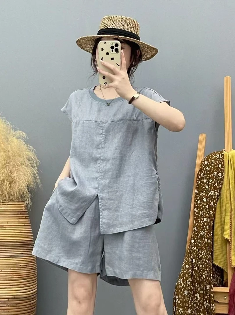 【100天然纯亚麻】夏季新款套装时尚休闲老钱两件套短袖显瘦气质