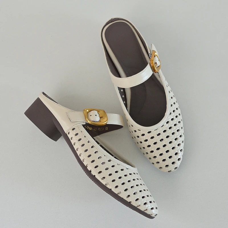 牛皮2025新款包头凉鞋女夏季粗跟软底后空洞洞鞋穆勒拖鞋