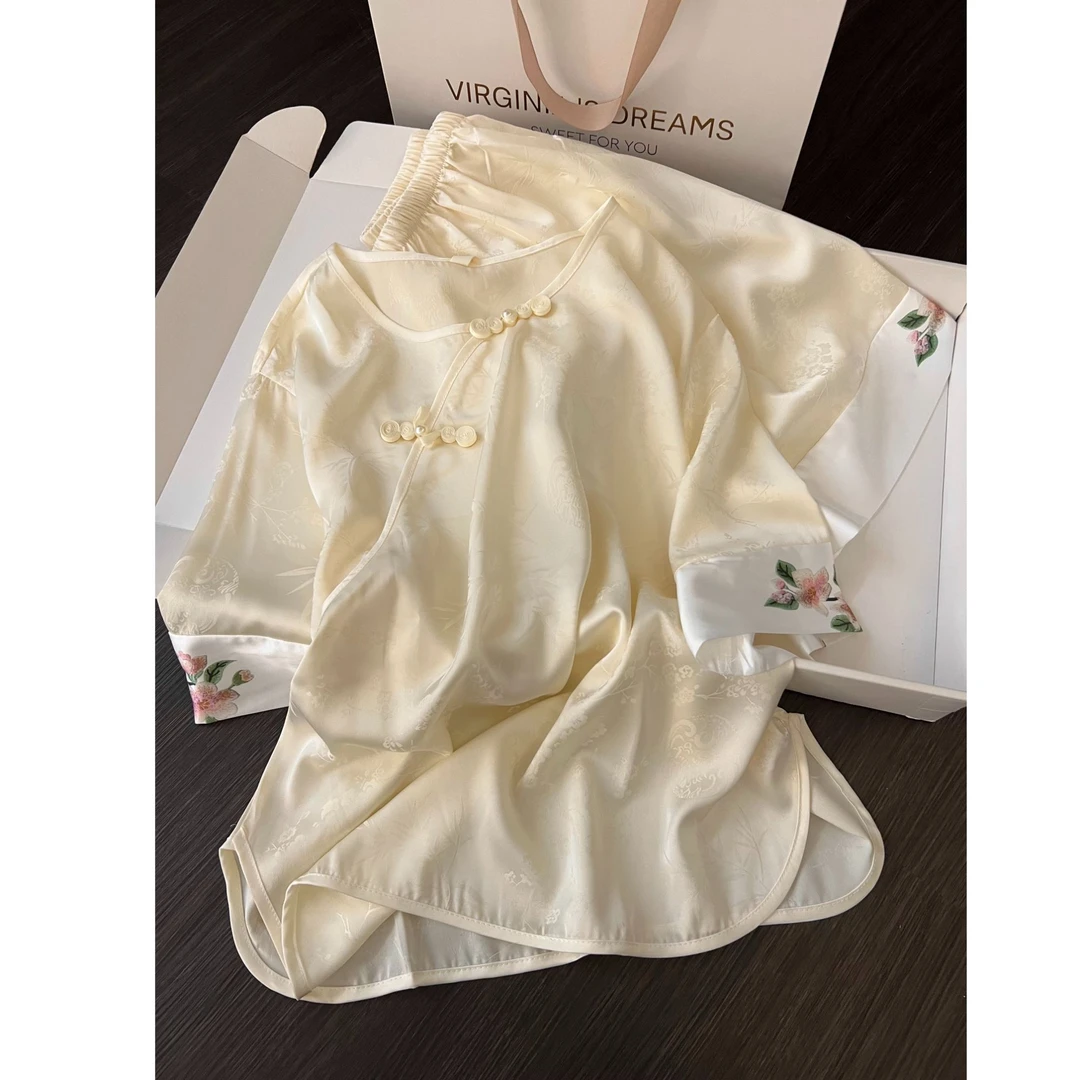 新中式国风缎面花卉提花睡衣女新款轻奢宽松家居睡衣两件套可外穿