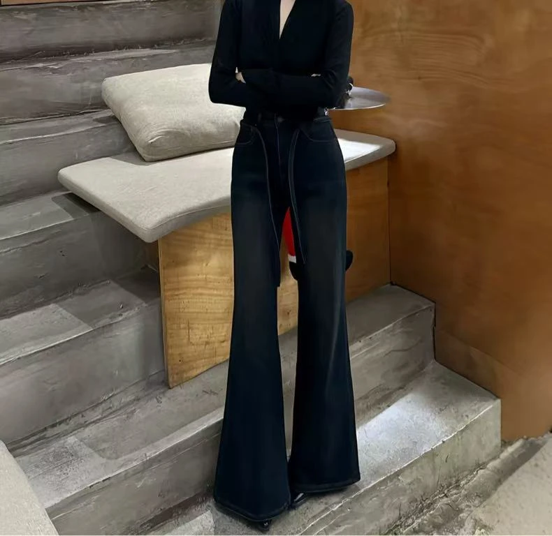 【003】秋冬新款直筒显瘦微喇复古系带超模牛仔裤