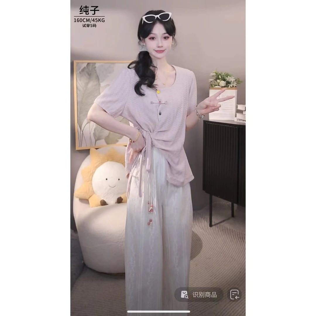 法式时髦亚麻裤子送腰带+时尚亚麻上衣套装【14801-1C】