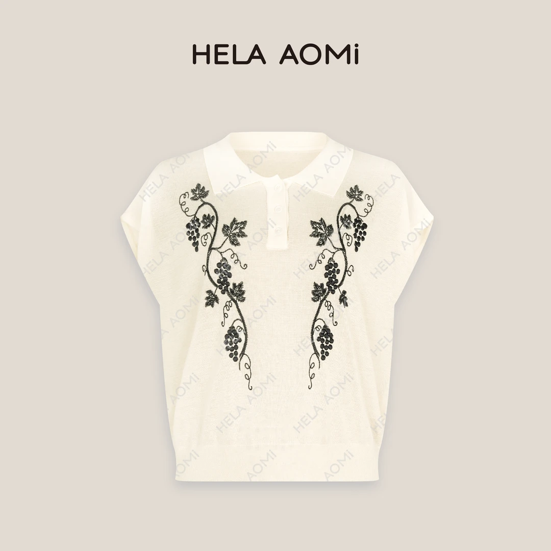 HELAAOMI“李桃衫”藤蔓花气质刺绣翻领显瘦针织上衣CY5BM32573