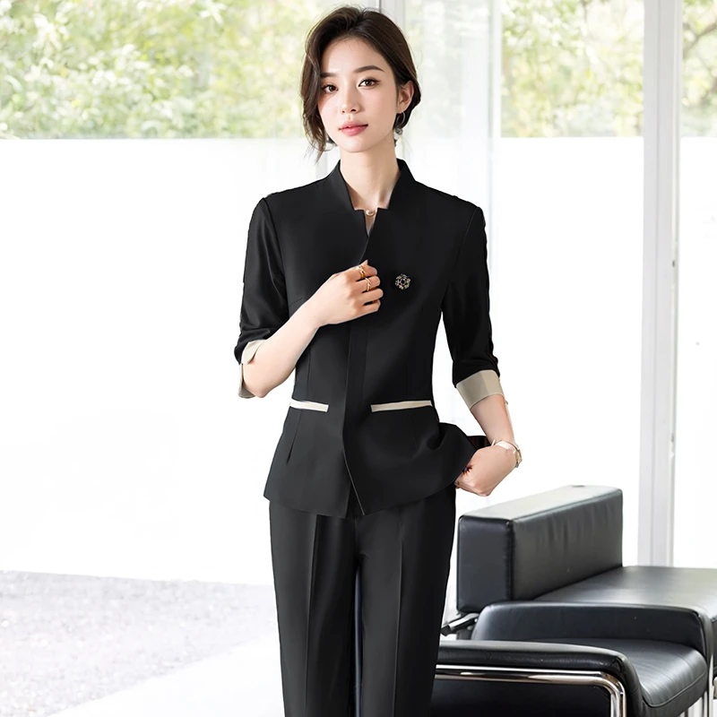 黑色无领西装套装女夏季2025新款高级感时尚工作服七分袖西服外套