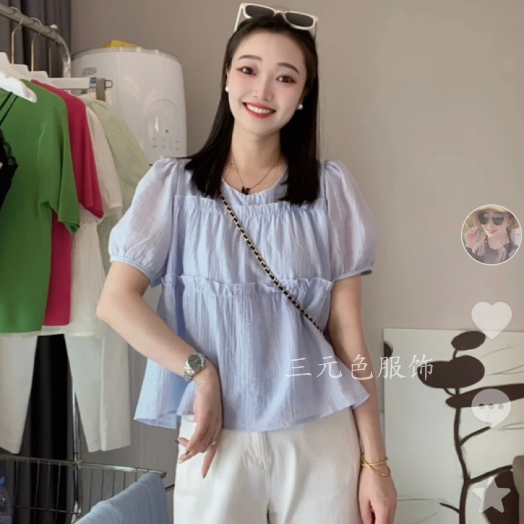 416#新款木耳花边圆领短袖压皱烫钻小衫女上衣