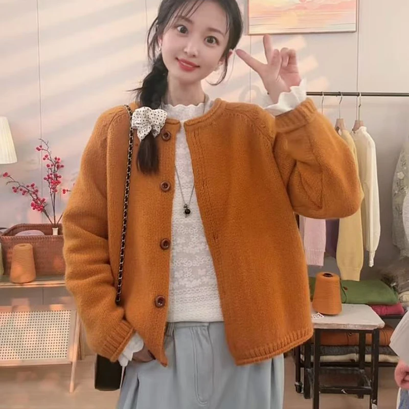 【700克高品质】毛衣针织开衫女慵懒风百搭宽松纯色圆领韩版设计感