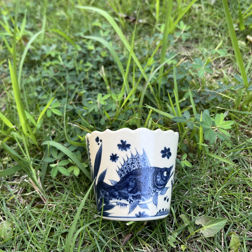 景德镇陶瓷幽蓝溪堂仿元青花二号釉新料鱼藻葵口可乐杯茶杯