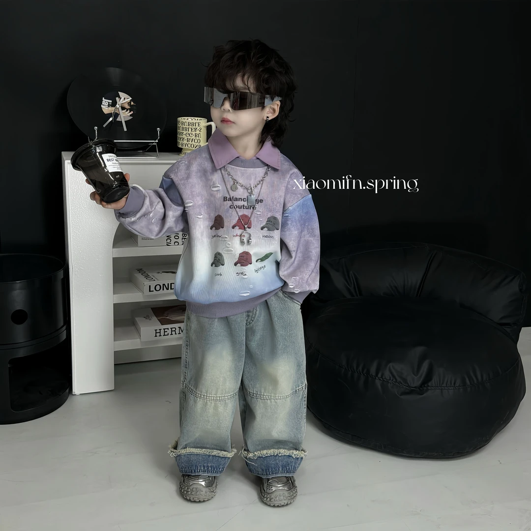 现货〃2025春季新款POLO韩版男童洋气儿童卫衣印花痞帅童装M90050