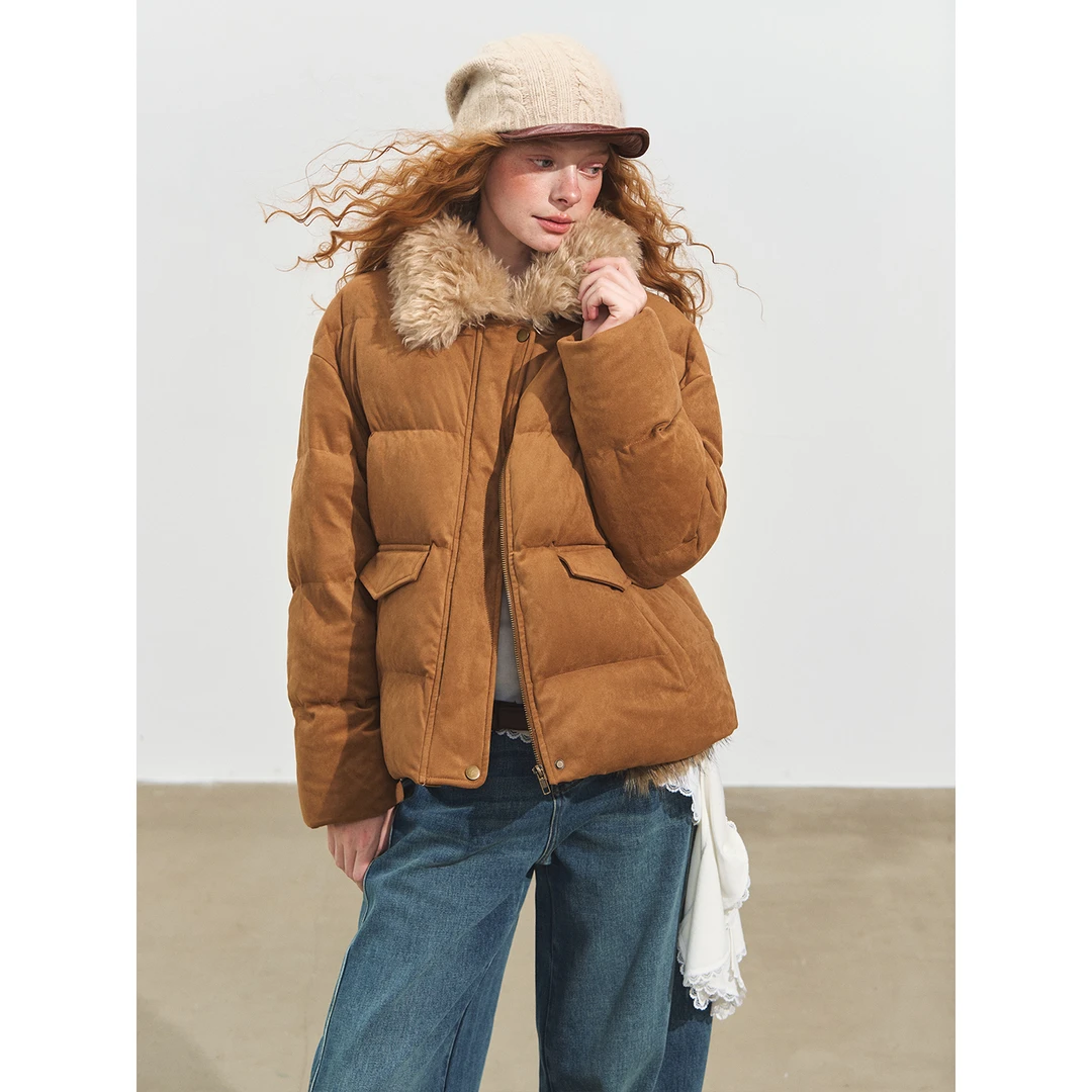 SOMESOWE麂皮绒拼接毛领羽绒服