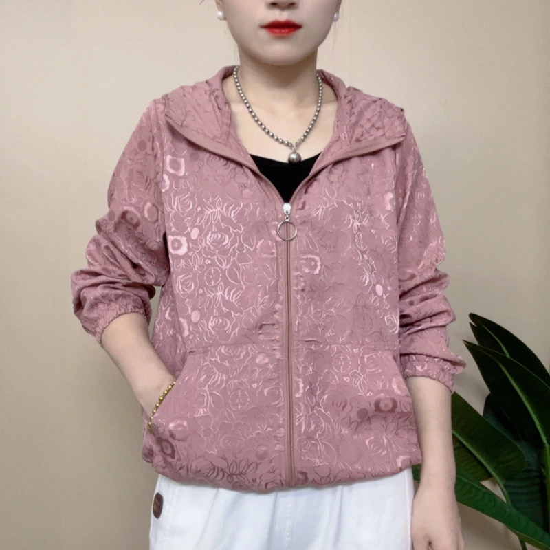 夏季短防晒短款印花连帽上衣薄款拉链透气母亲节洋气衣服