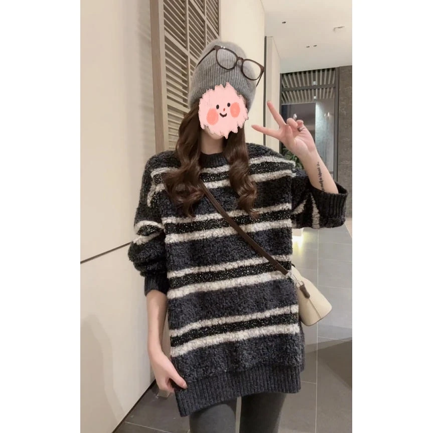 2025年法式气质慵懒风高级感小众宽松套头圆领撞色条纹亮片毛衣女