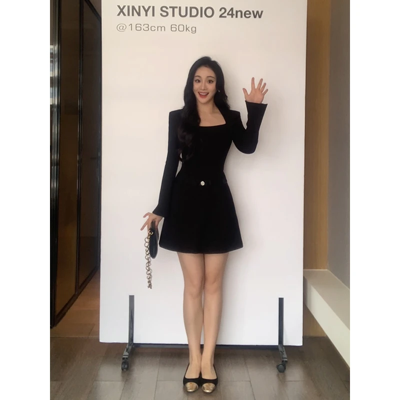 XINYI【甜心ROSY】秋季方领罗马连衣裙收腰显瘦气质裙X624Q16847