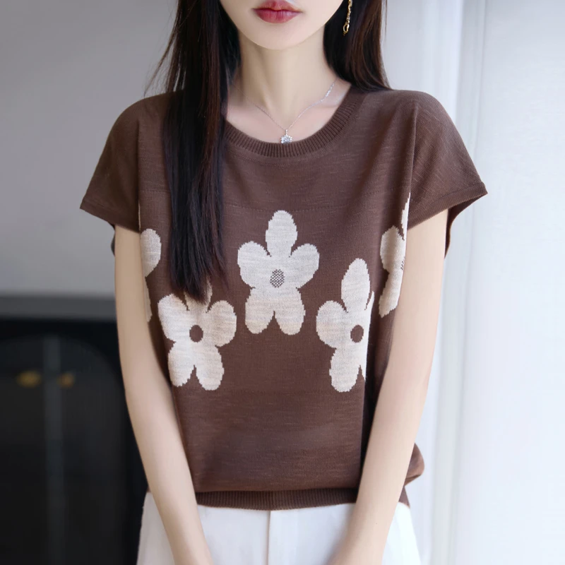 夏季新款竹节麻大花朵针织短袖洋气百搭时尚显瘦设计感宽松上衣