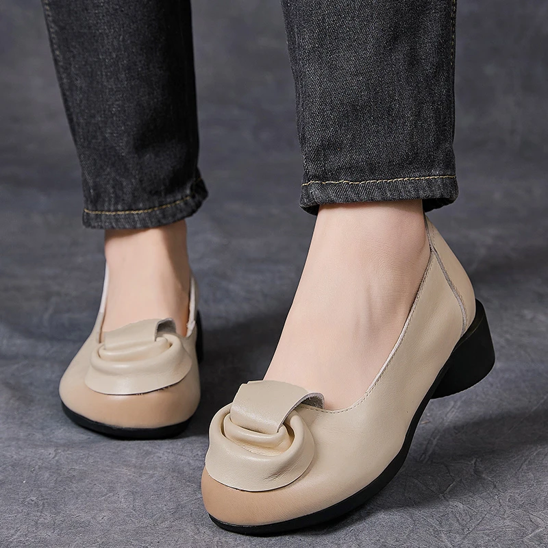嫔妃丽人头层牛皮百搭民族风新中式复古低跟真皮粗跟舒适妈妈单鞋