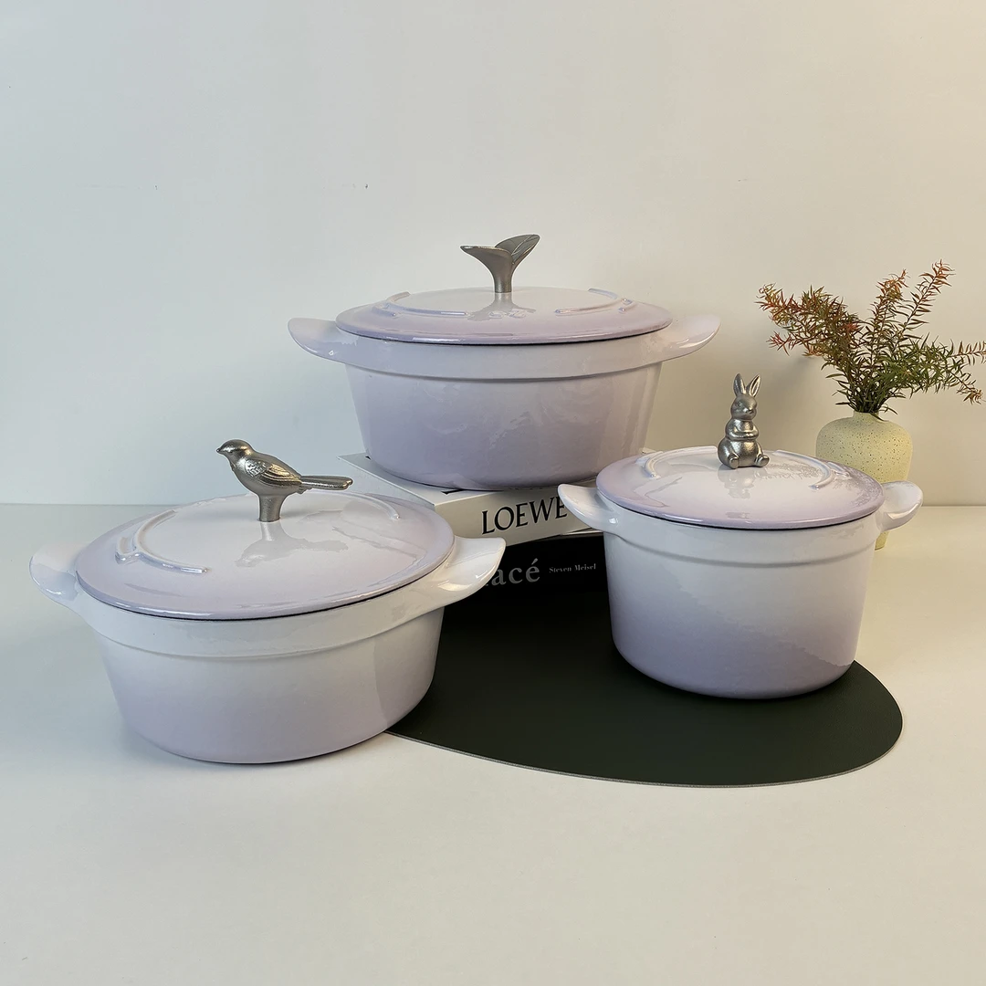 浅双紫17CM/21CM/25CM珐琅铸铁锅微压锁水家用焖炖煲汤