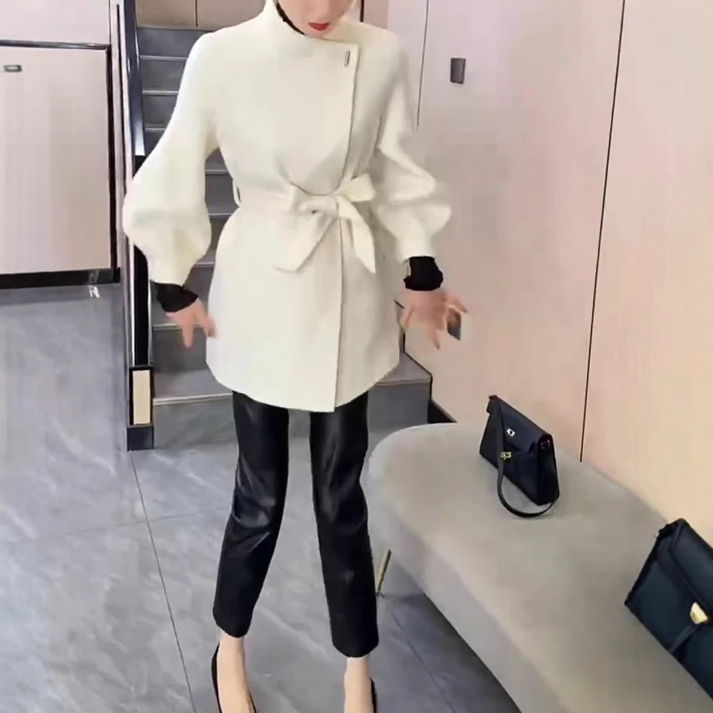 241268大爱美依缘2024秋冬新款韩版简约系带收腰显瘦女神毛呢外套